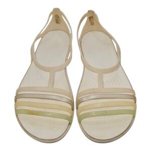 Crocs Isabella Huarache T-Strap Sandals Beige SlipOn Comfort Flats Women's Sz 11